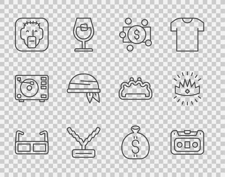Set line Glasses, Retro audio cassette tape, Stacks paper money cash, Rapper Stock Illustration
