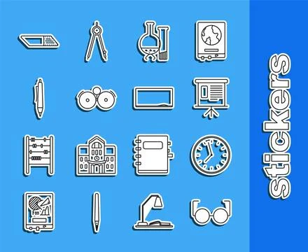 Set line Glasses, schedule, chart, diagram, infographic, pie graph, Test tube Ilustración de archivo