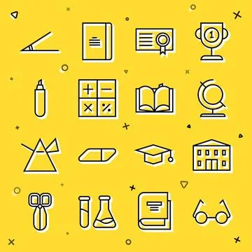 Set line Glasses, School building, Earth globe, Certificate template, Calcu.. Ilustración de archivo