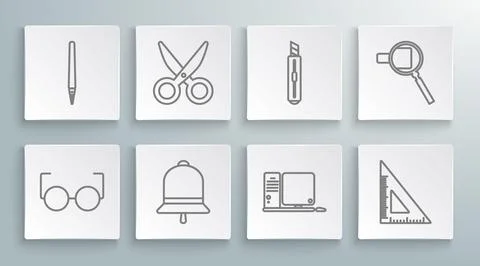 Set line Glasses, Scissors, Ringing bell, Computer monitor with keyboard and 스톡 일러스트