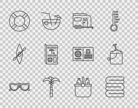 Set line Glasses, Towel stack, Rv Camping trailer, Tropical palm tree, Lifebuoy Stock Illustration