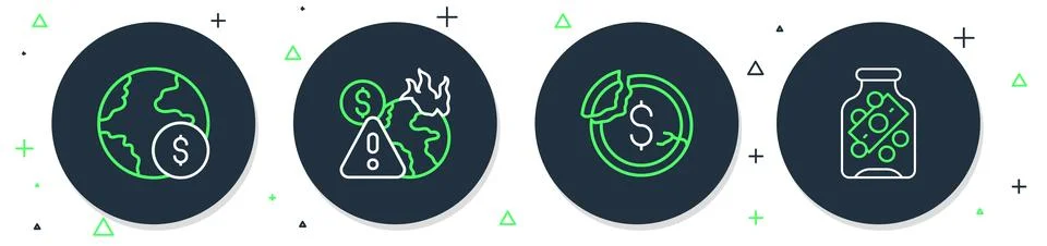 Set line Global economic crisis, Dollar rate decrease,  and Glass money jar.. Illustrazione stock