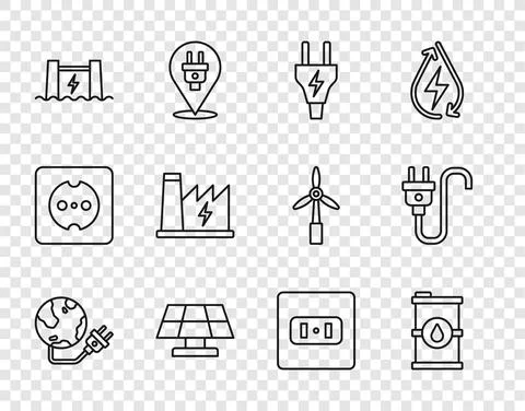 Set line Global energy power planet, Bio fuel barrel, Electric plug, Solar panel Stock Illustration