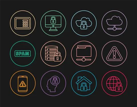 Set line Global lockdown, Exclamation mark in triangle, Cloud computing, Server Ilustração Stock