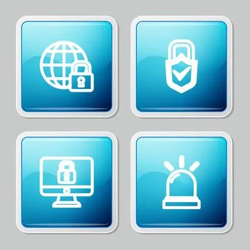 Set line Global lockdown, Lock and check mark, on computer monitor and Motion Stock Illustration
