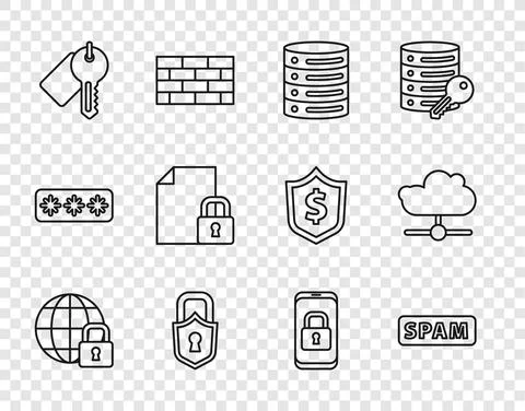 Set line Global lockdown, Spam, Server, Data, Web Hosting, Lock, Marked key Stock Illustration