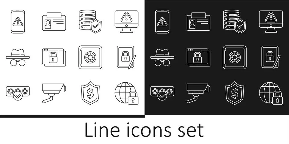 Set line Global lockdown, Tablet with closed padlock, Server shield, Secure your 库存插图