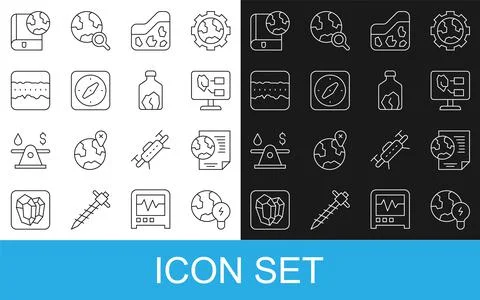 Set line Global planet with bulb, Earth globe document, Soil analysis, Ground Stock Illustration