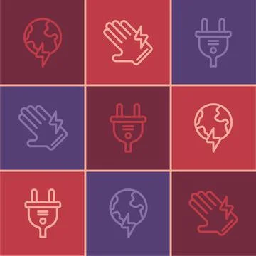 Set line Global planet with thunderbolt, Electric plug and glove icon. Vector Stock Illustration