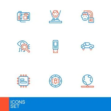 Set line Global technology, Cryptocurrency coin Bitcoin, Processor CPU, Fan.. Illustrazione stock