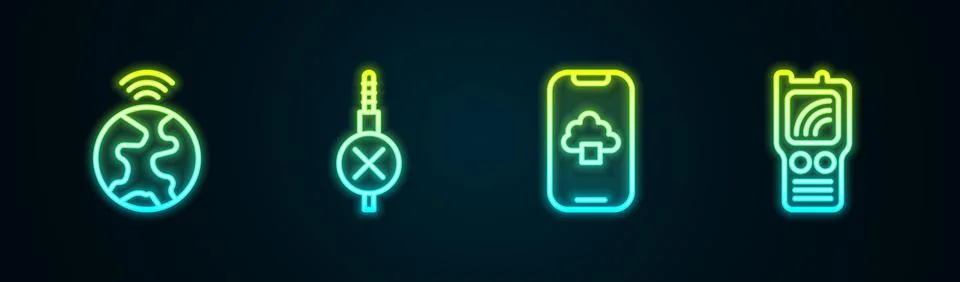 Set line Global technology, No audio jack, Cloud data and Walkie talkie. Glowing Stock Illustration
