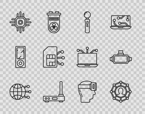 Set line Global technology or social network, Project team base, Gamepad, Router Illustrazione stock