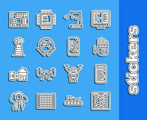 Set line Global technology or social network, Mechanical robot hand, Industrial イラスト素材