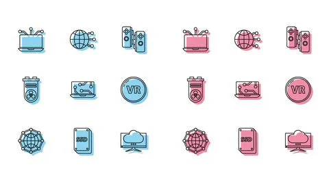 Set line Global technology or social network, SSD card, Laptop, Computer monitor Stock Illustration