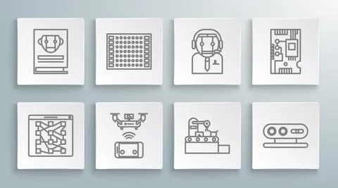 Set line Global technology or social network, Factory conveyor system belt, 3d Illustrazione stock