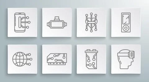 Set line Global technology or social network, Virtual reality glasses, RAM Illustrazione stock