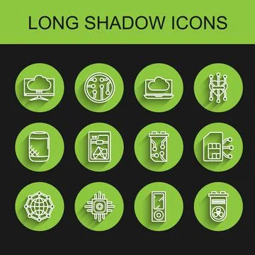 Set line Global technology or social network, Processor, Computer monitor screen Illustrazione stock