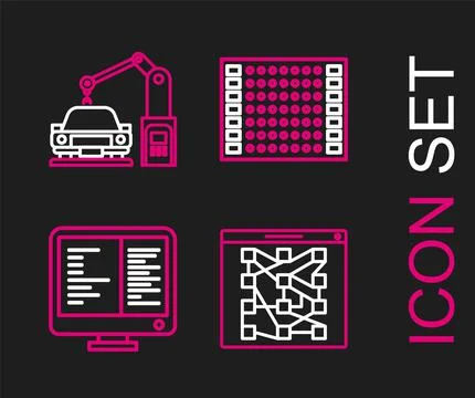 Set line Global technology or social network, Computer monitor screen, Printe Stock Illustration