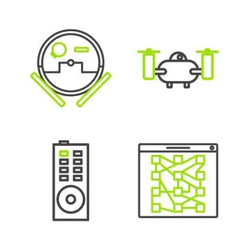 Set line Global technology or social network, Remote control, Drone flying with Stock Illustration