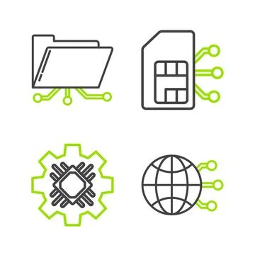 Set line Global technology or social network, Processor, Sim card and Folder and Stock Illustration