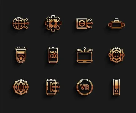 Set line Global technology or social network, Smartphone, mobile phone, Virtual Illustrazione stock