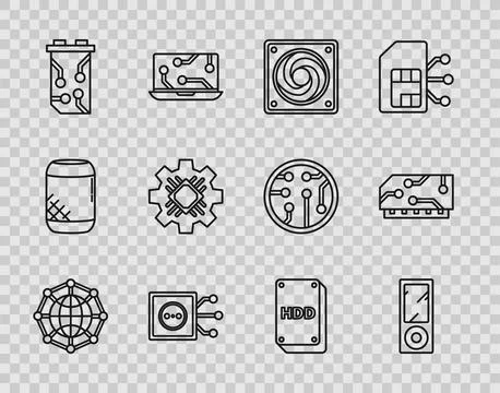 Set line Global technology or social network, Music player, Computer cooler.. Stock Illustration