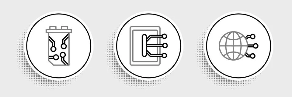 Set line Global technology or social network, Video graphic card and Tablet.. Illustrazione stock