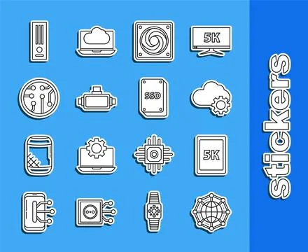 Set line Global technology or social network, Tablet with text 5k, Cloud da.. イラスト素材