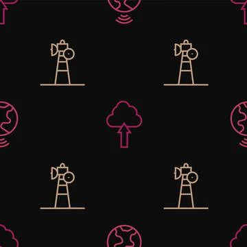 Set line Global technology, Satellite dish and Cloud upload on seamless pattern Stock Illustration