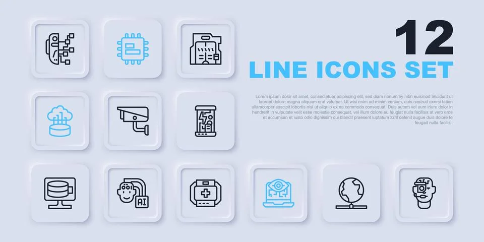 Set line Global technology, Smart glasses on spectacles, Security camera, C.. Illustrazione stock