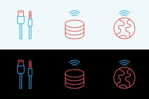Set line Global technology, USB cable cord and Smart data server icon. Vector イラスト素材