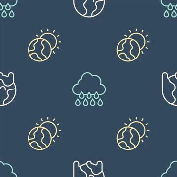 Set line Global warming, and Cloud with rain on seamless pattern. Vector Illustrazione stock