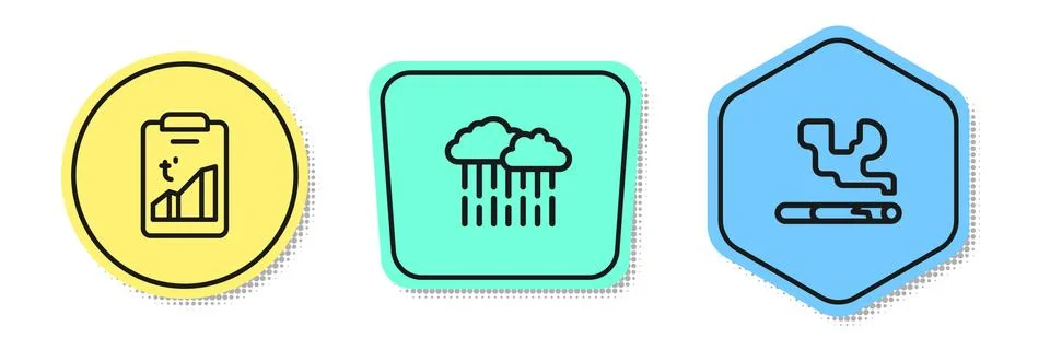 Set line Global warming, Cloud with rain and Cigarette. Colored shapes. Vector 스톡 일러스트