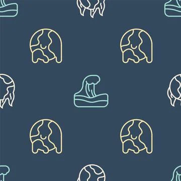 Set line Global warming fire, and Tsunami on seamless pattern. Vector Stockillustratie