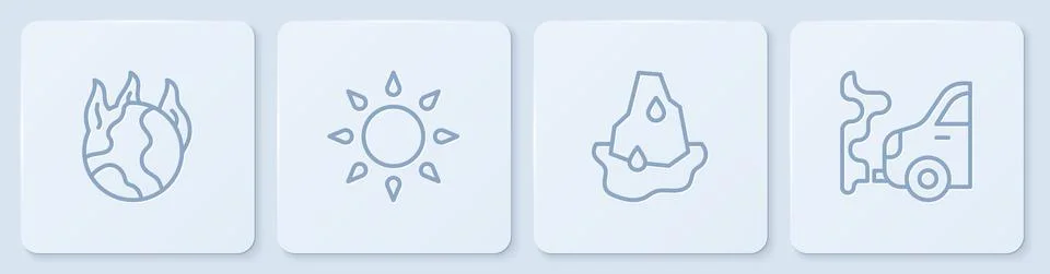 Set line Global warming fire, Glacier melting, Sun and Car exhaust. White square Stock Illustration