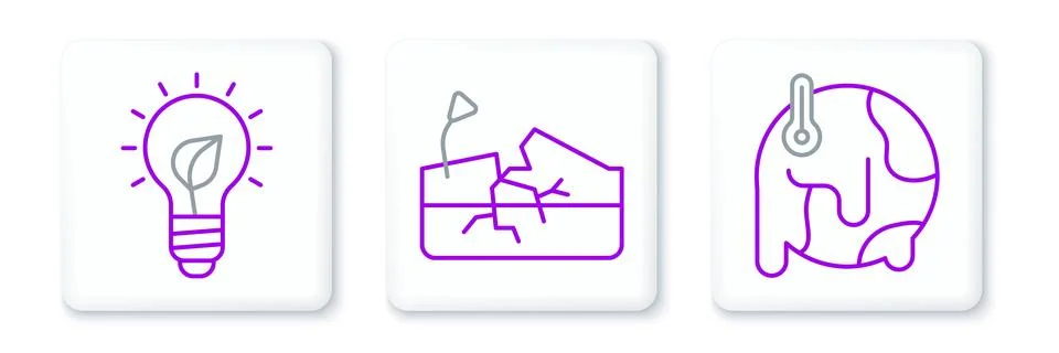 Set line Global warming, Light bulb with leaf and Earthquake icon. Vector Stock Illustration