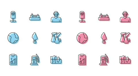 Set line Global warming, Petrol or gas station, Trash can, Glacier melting, T Illustrazione stock