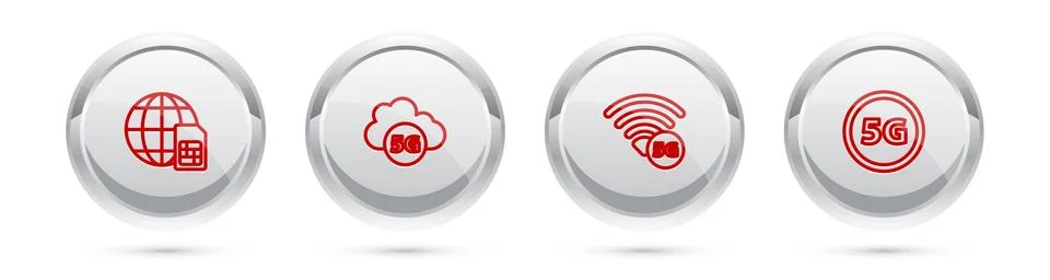 Set line Globe 5G Sim Card, Cloud network, and . Silver circle button. Vector Stock Illustration