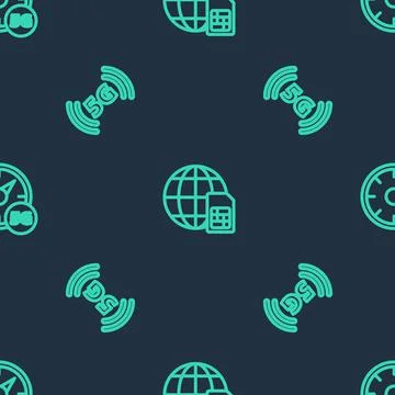 Set line Globe 5G Sim Card, network and Digital speed meter on seamless pattern Stockillustratie