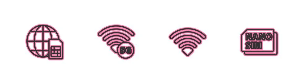 Set line Globe 5G Sim Card, Wi-Fi wireless network,  and Nano icon. Vector Illustrazione stock