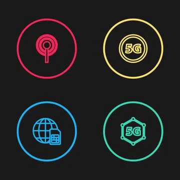 Set line Globe 5G Sim Card, network,  and Antenna icon. Vector Stock Illustration