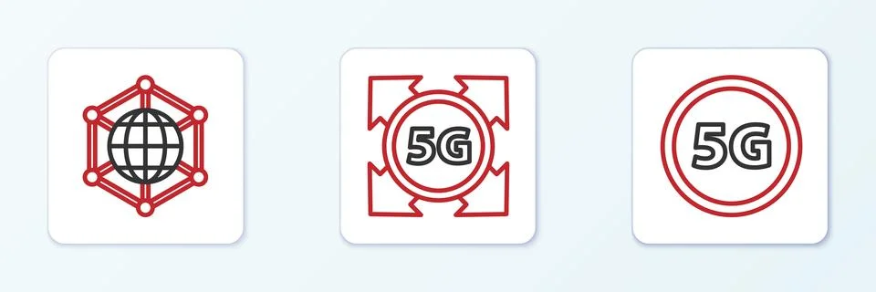 Set line Globe 5G Sim Card, Social network and icon. Vector イラスト素材