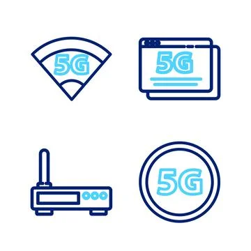 Set line Globe 5G Sim Card, Router and wi-fi signal, network and icon. Vector Stock Illustration