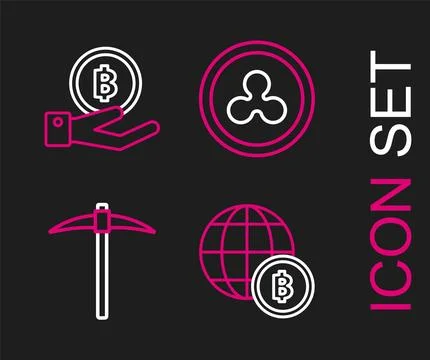 Set line Globe and cryptocurrency coin Bitcoin, Pickaxe, Cryptocurrency Rip.. Stock Illustration