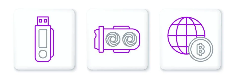 Set line Globe and cryptocurrency coin Bitcoin, USB flash drive and Mining .. Stock Illustration