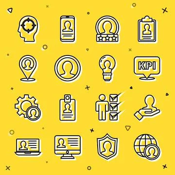 Set line Globe and people, Hand for search, Key performance indicator, Create 스톡 일러스트