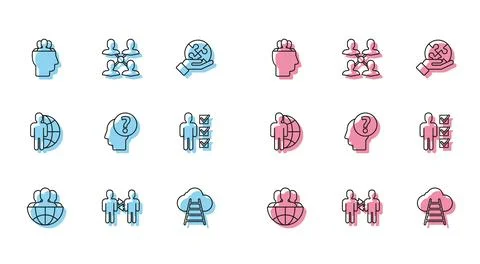 Set line Globe and people, Project team base, Ladder leading to cloud, Human  イラスト素材