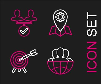 Set line Globe and people, Target with arrow, Location job and Project team.. Stockillustratie