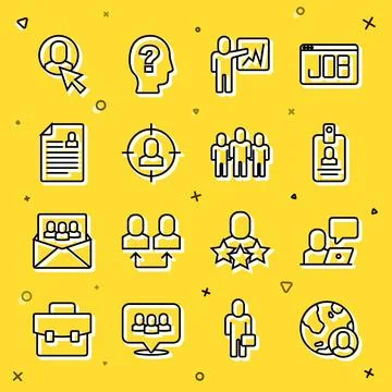 Set line Globe and people, Freelancer, Identification badge, Leader of team.. Stock Illustration