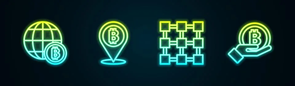 Set line Globe Bitcoin, , Blockchain technology and Hand holding. Glowing n.. Stock Illustration